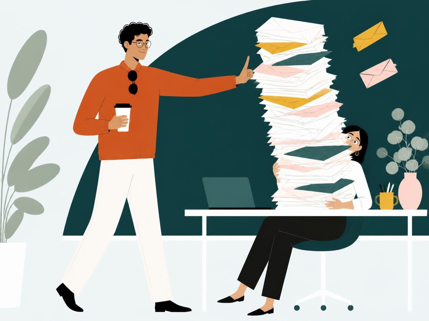 Illustratie: een collega houdt met één vinger een omvallende toren mail tegen, terwijl de ondernemer erachter opgelucht kijkt.