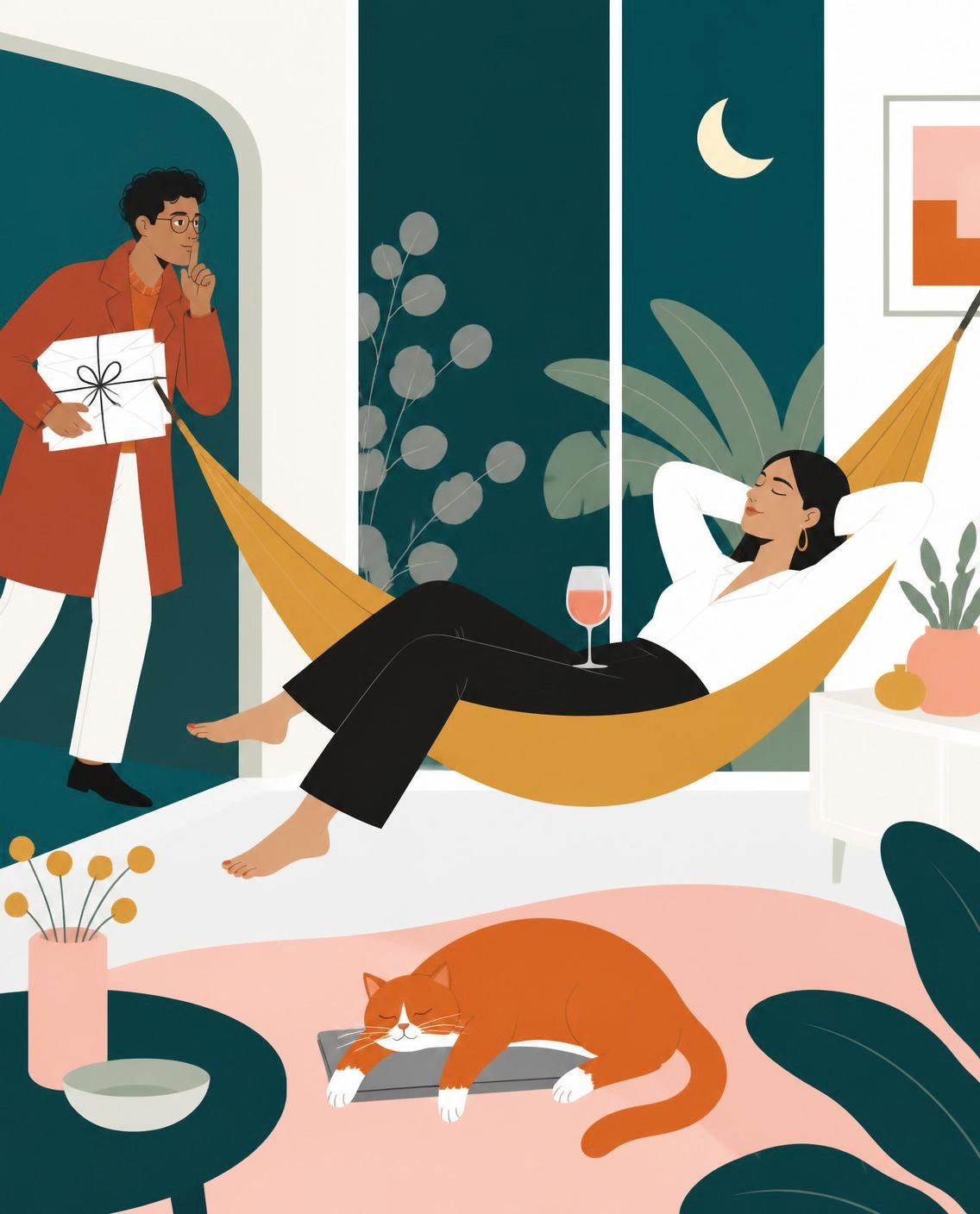 Illustratie: de ondernemer ligt 's avonds in een hangmat met een glas wijn, de kat slaapt op de dichte laptop en de collega sluipt de deur uit.