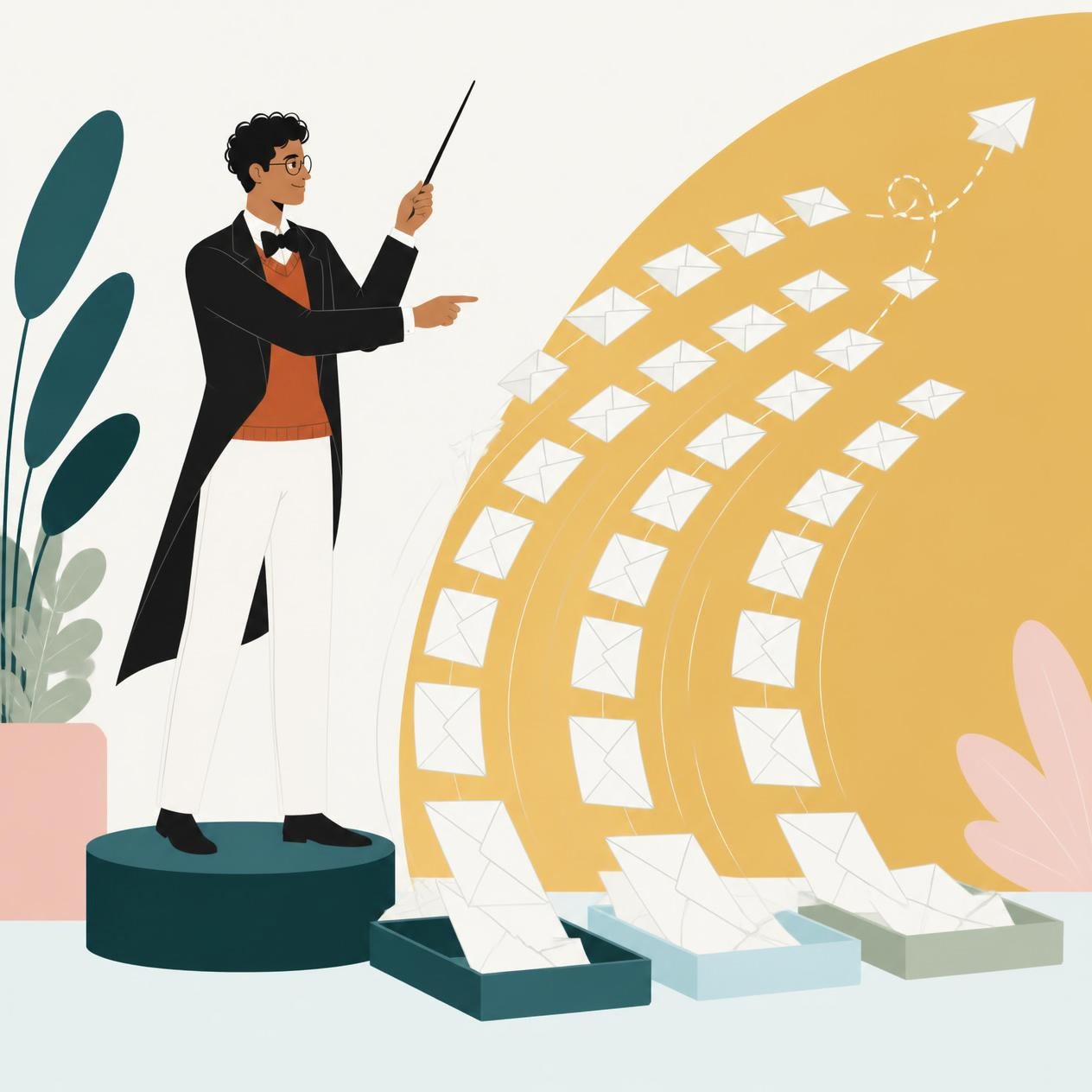 Illustratie: de collega dirigeert als een orkestleider een zwerm mails die netjes in drie bakjes landen.