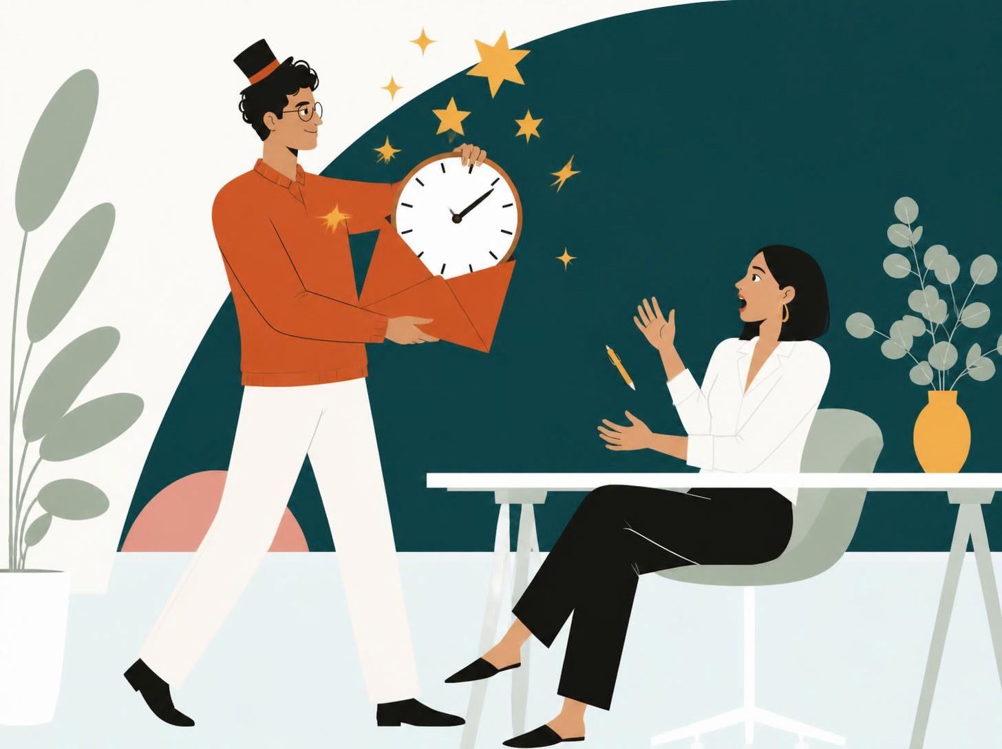 Illustratie: de collega tovert met een hoge hoed een klok uit een envelop, de ondernemer klapt verbaasd.