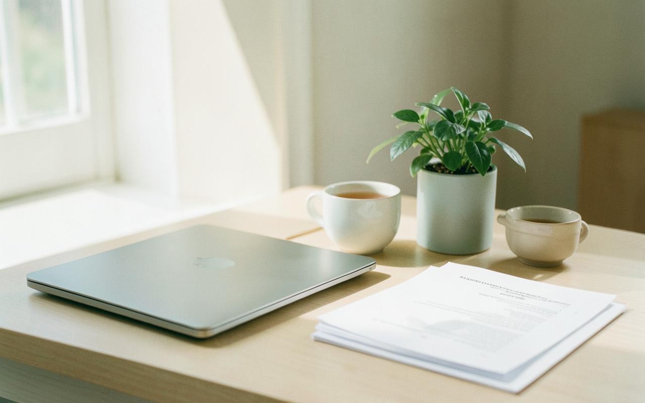 Opgeruimd bureau met dichtgeklapte laptop, thee en een stapel papieren